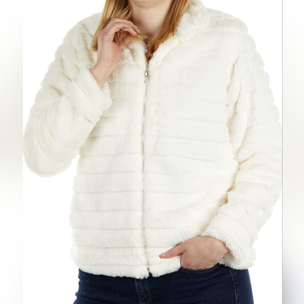 KATYDID | Cream Faux Rabbit Fur Jacket with Pockets Sz M NWT - Picture 8 of 10